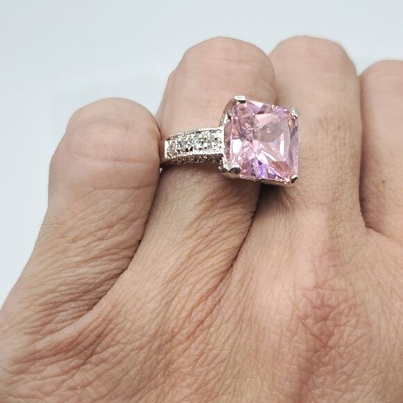 Vintage Sterling Silver Pink Sapphire CZ Princess Cut With Heart Pendant Sz 6 - Picture 5 of 17